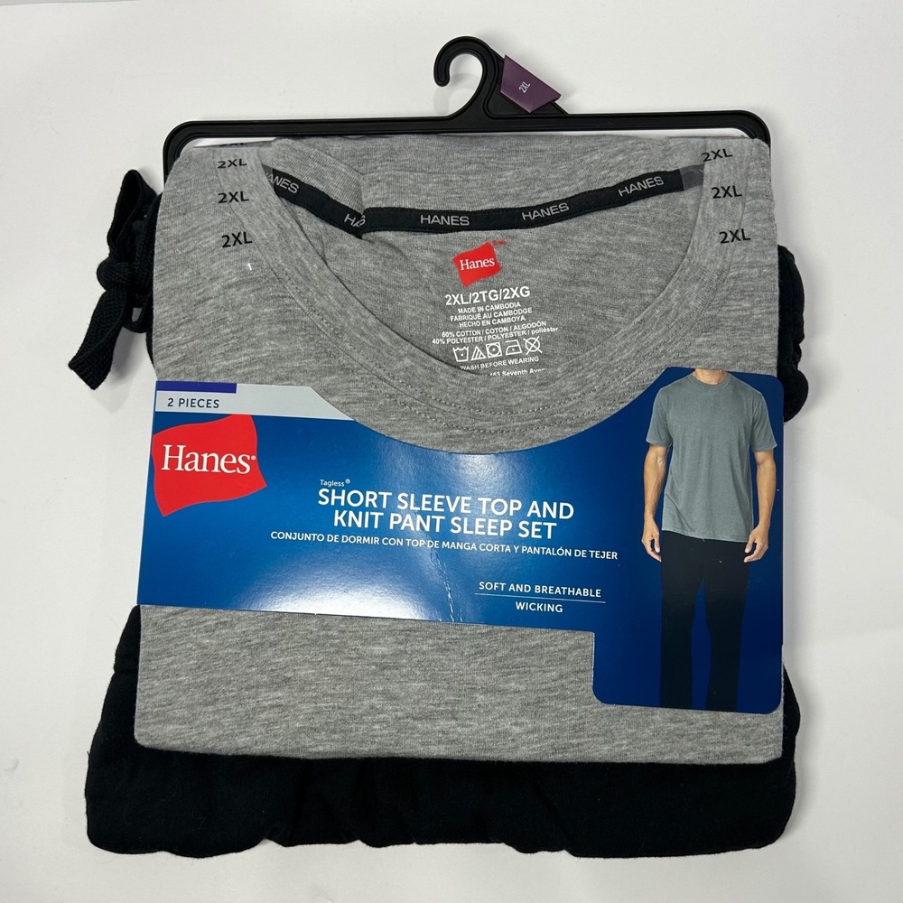Hanes Mens 2PC Sleep Set Short Sleeve‎ Top Knit Pant Grey Black 2XL New